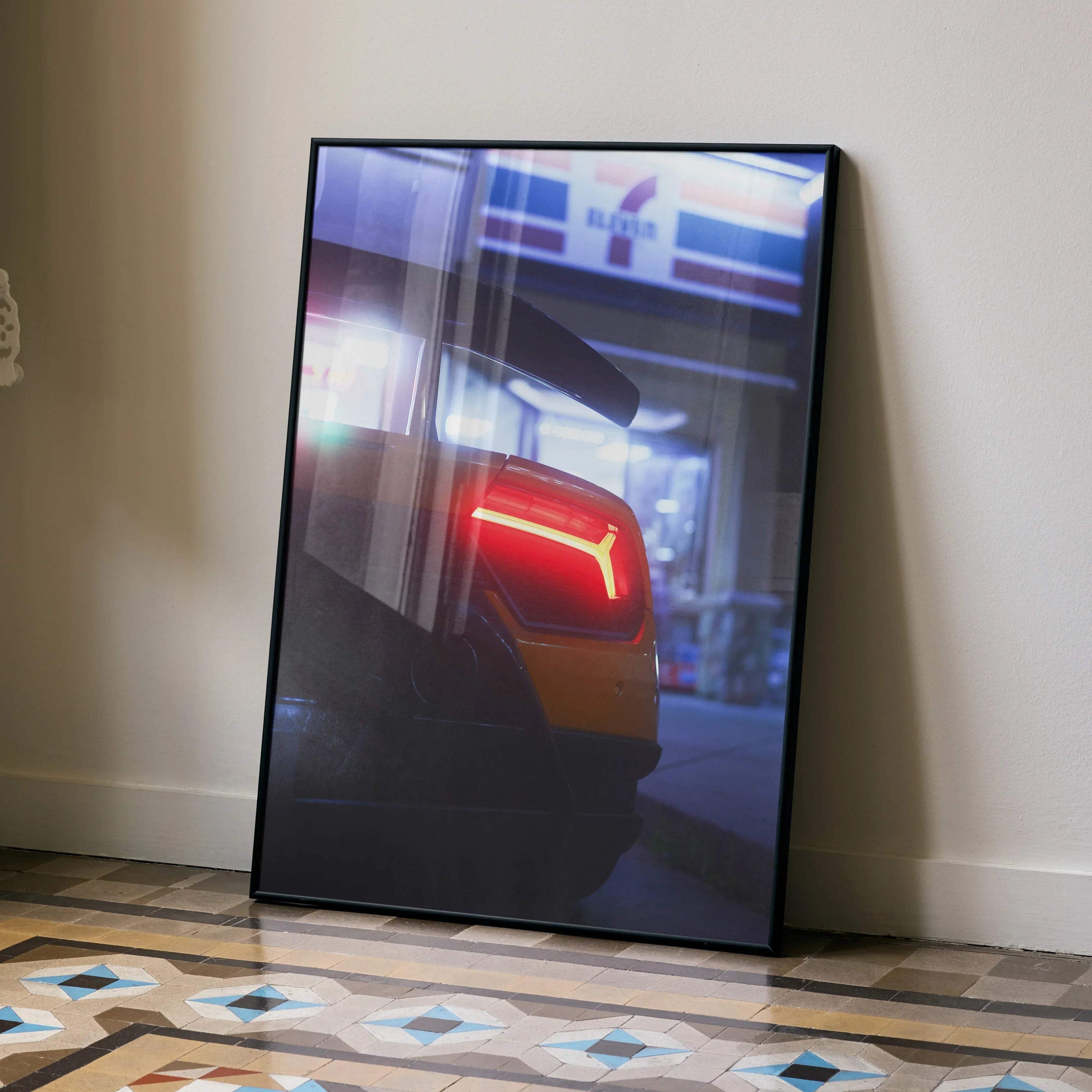 Lamborghini Huracan rear view illuminated taillight poster leaning on wall luxury automotive wall art.