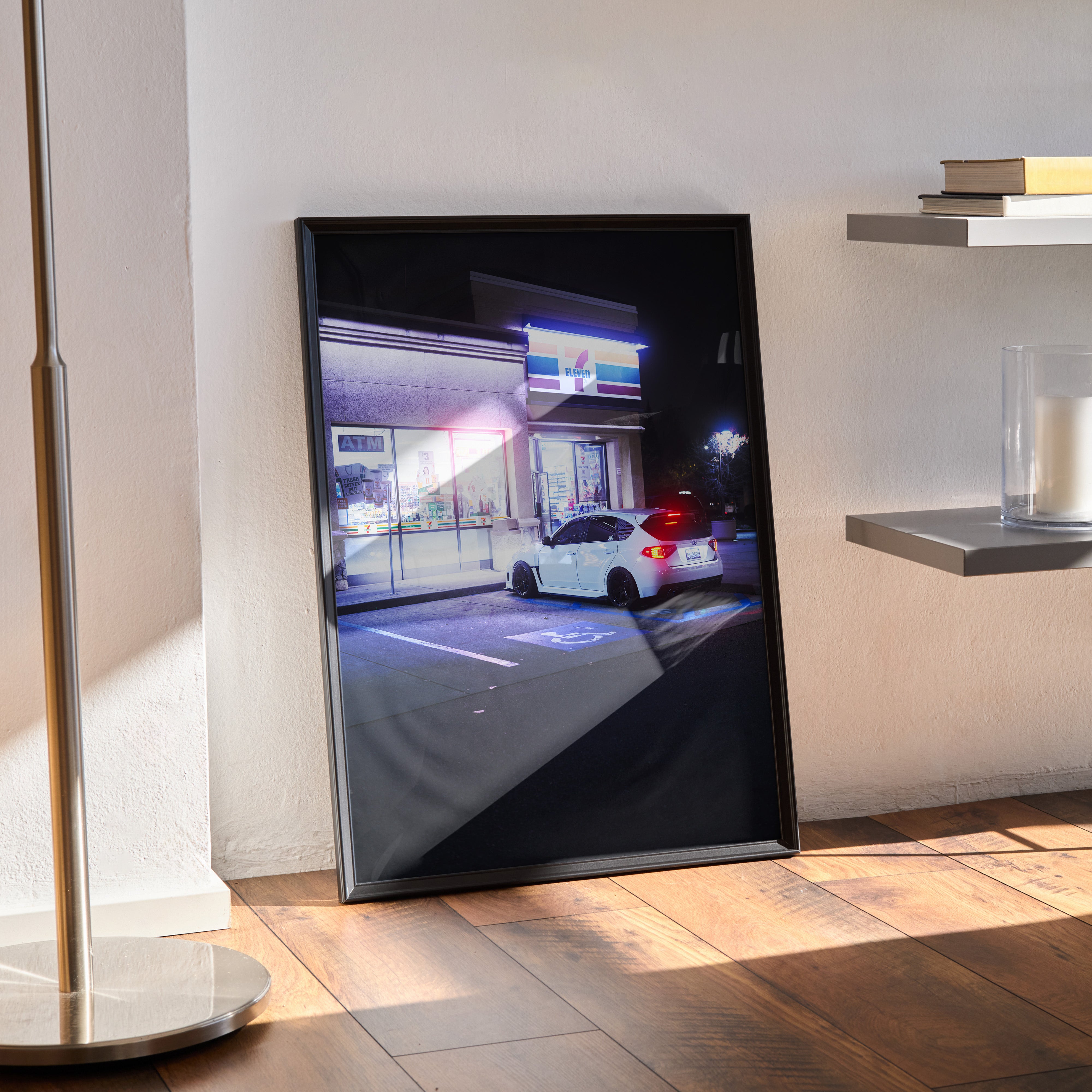 Subaru WRX STI poster with night city street scene, sleek white car, modern wall art decor.