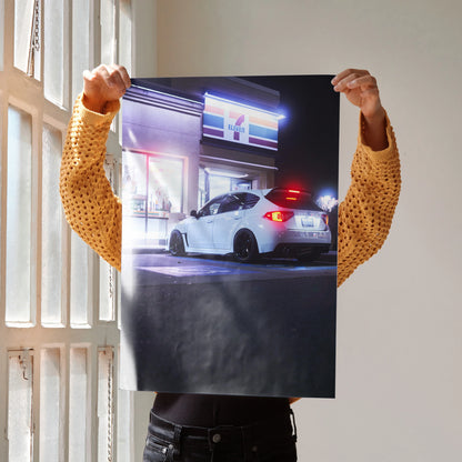 Subaru WRX STI poster with night scene, glowing 7-Eleven storefront, and sleek white sports car wall art.