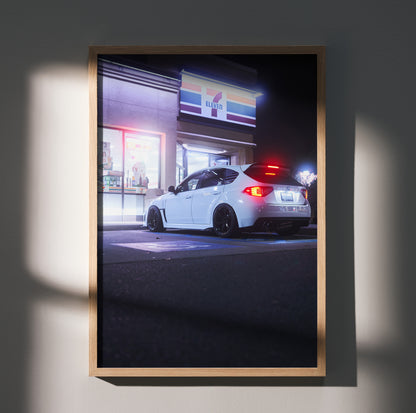Subaru WRX STI parked outside 7-Eleven at night poster wall art with glowing taillights.