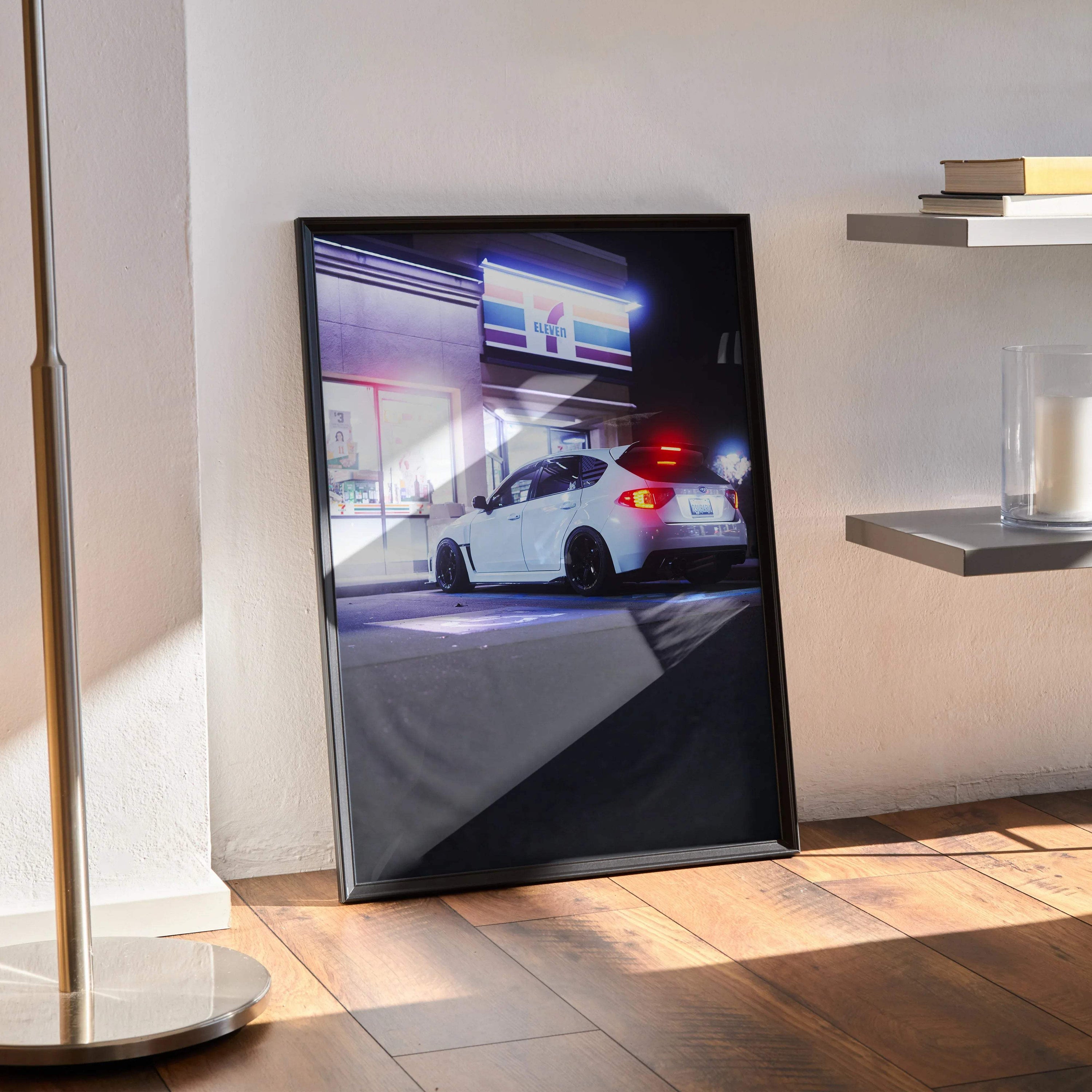 Subaru WRX STI illuminated at night street scene poster framed premium wall art.