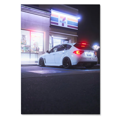 Subaru WRX STI parked outside illuminated convenience store at night poster wall art.