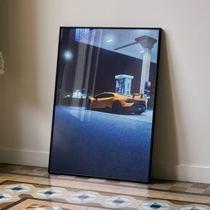 Lamborghini Huracan poster featuring yellow sports car at gas station at night, premium wall art.