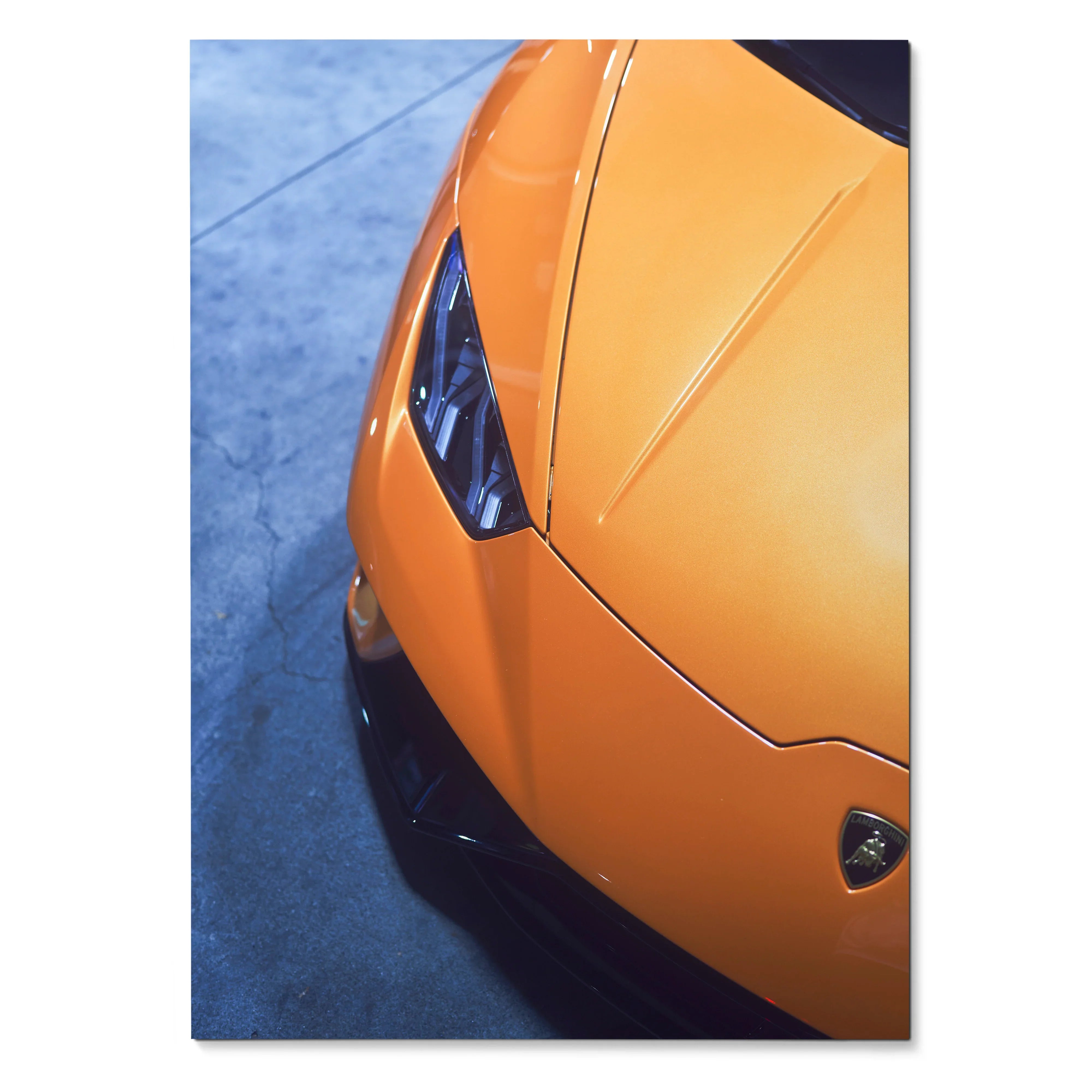 Lamborghini Huracan front close-up showcasing orange hood and headlight poster wall art.