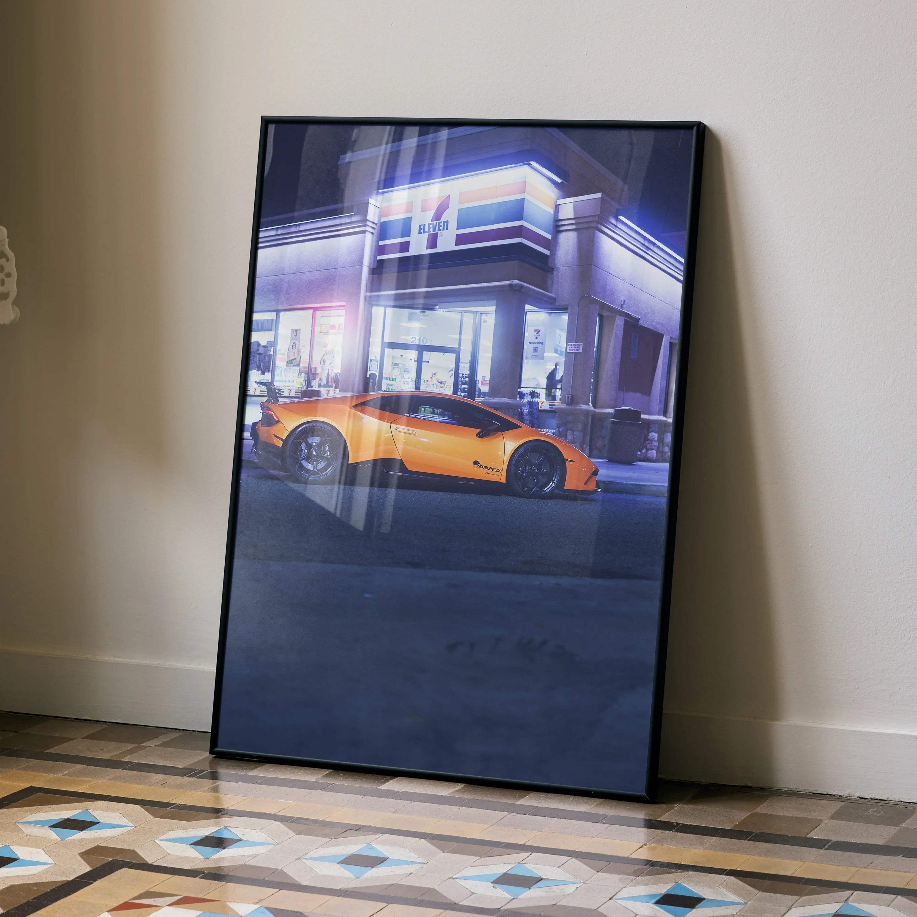 Lamborghini Huracan orange sports car poster leaning against wall modern building background wall art.