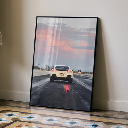 Nissan GTR R35 high resolution poster wall art showing rear view with sunset sky background.