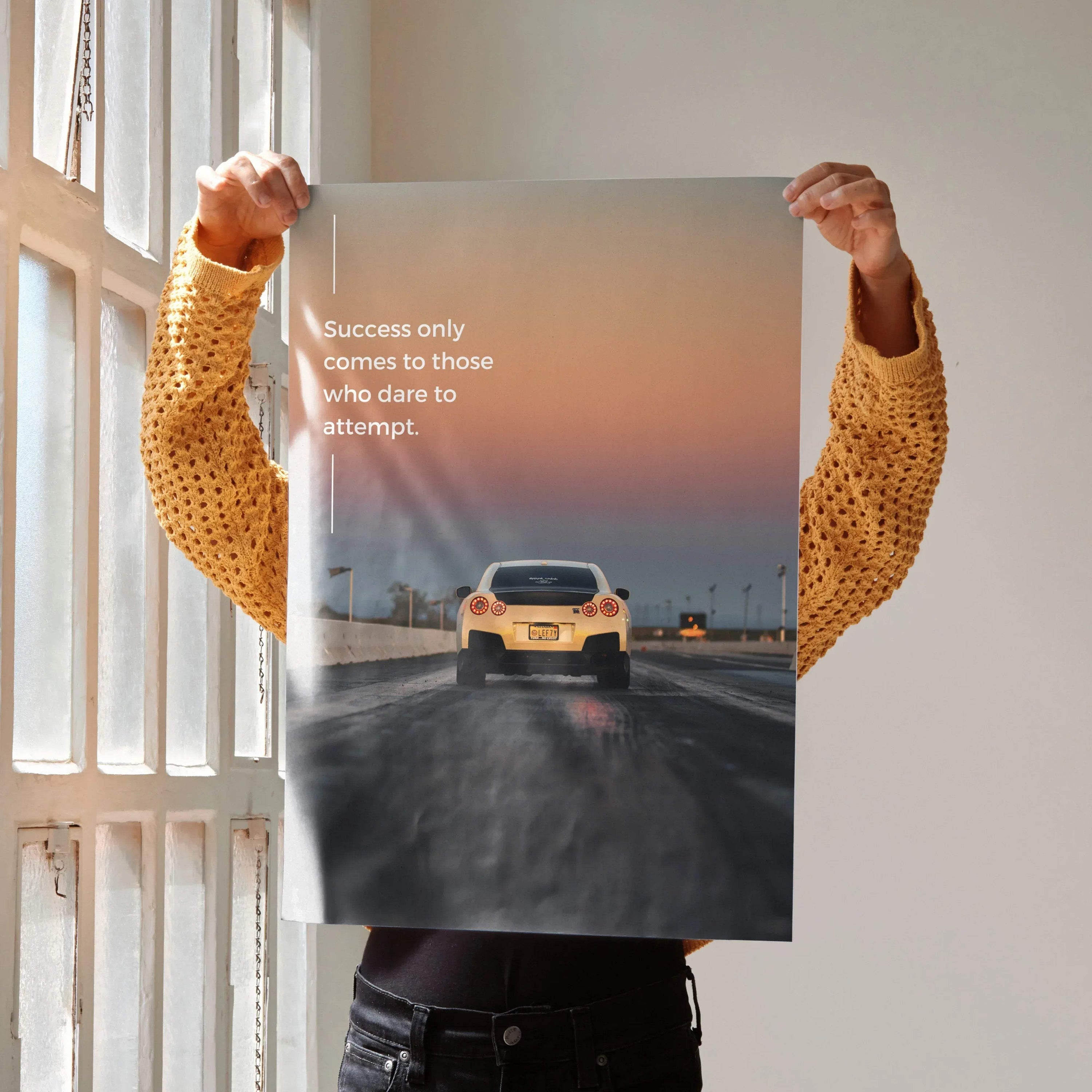 Motivational poster featuring Nissan R35 GT-R on road at sunset with inspiring text, wall art.
