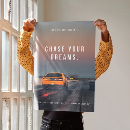 Motivational wall art poster featuring a Dodge Challenger with "Chase Your Dreams" inspiring text.