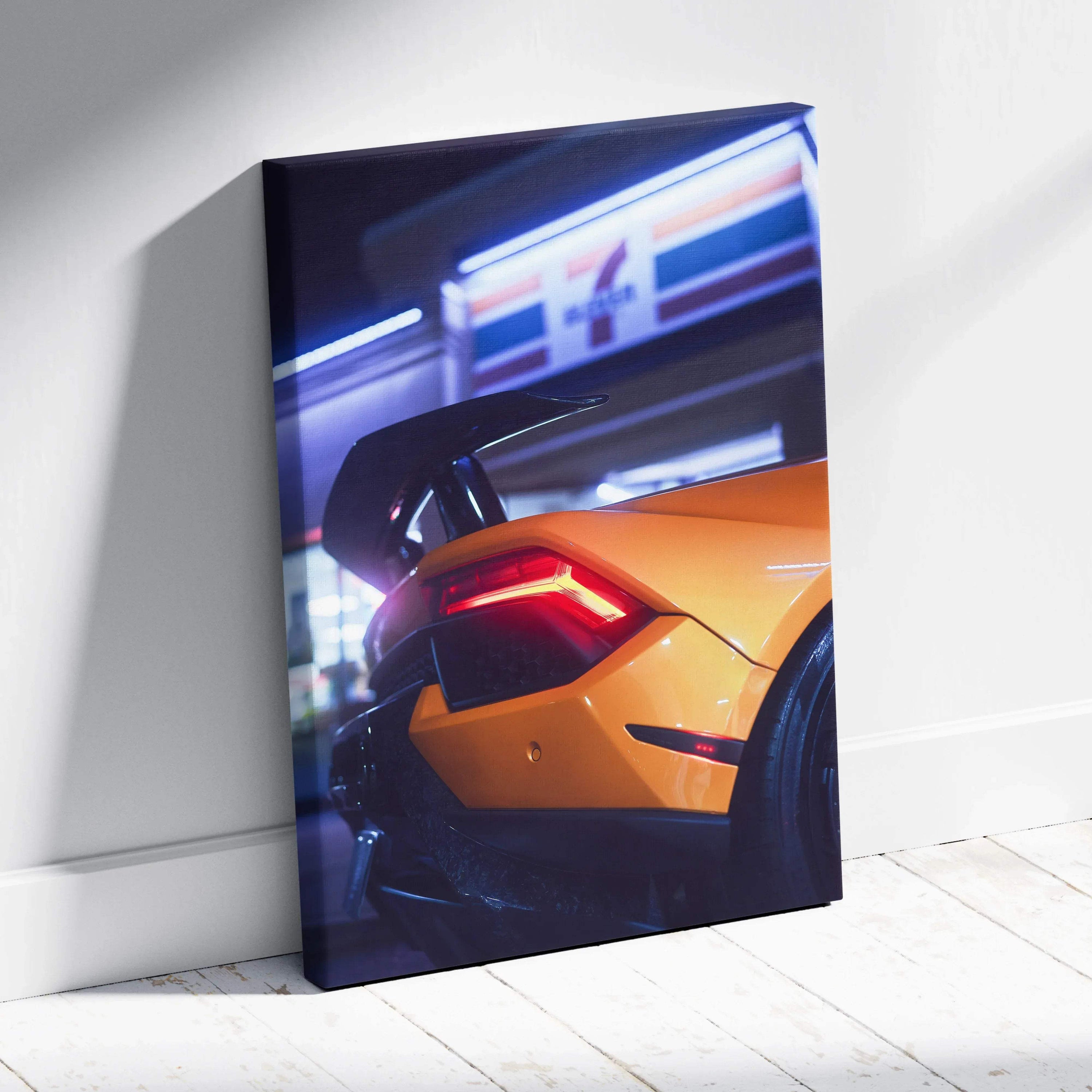 Lamborghini Huracan close-up rear detail canvas art with vibrant orange and dark background wall art.