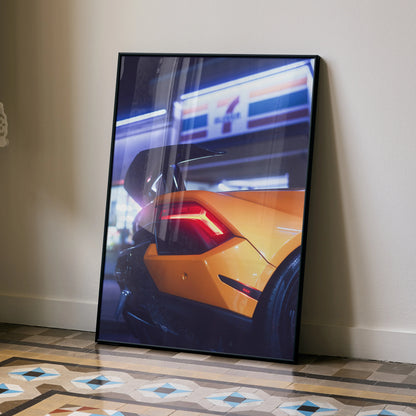 Lamborghini Huracan rear tail light close-up poster wall art in black frame.