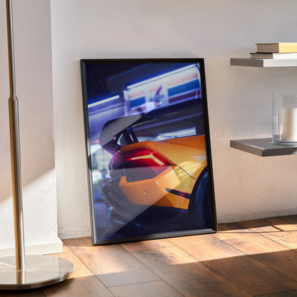 Lamborghini Huracan rear taillight close-up poster wall art with sleek orange sports car detail.