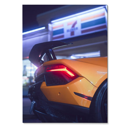 Lamborghini Huracan rear view glowing taillights night city poster wall art.
