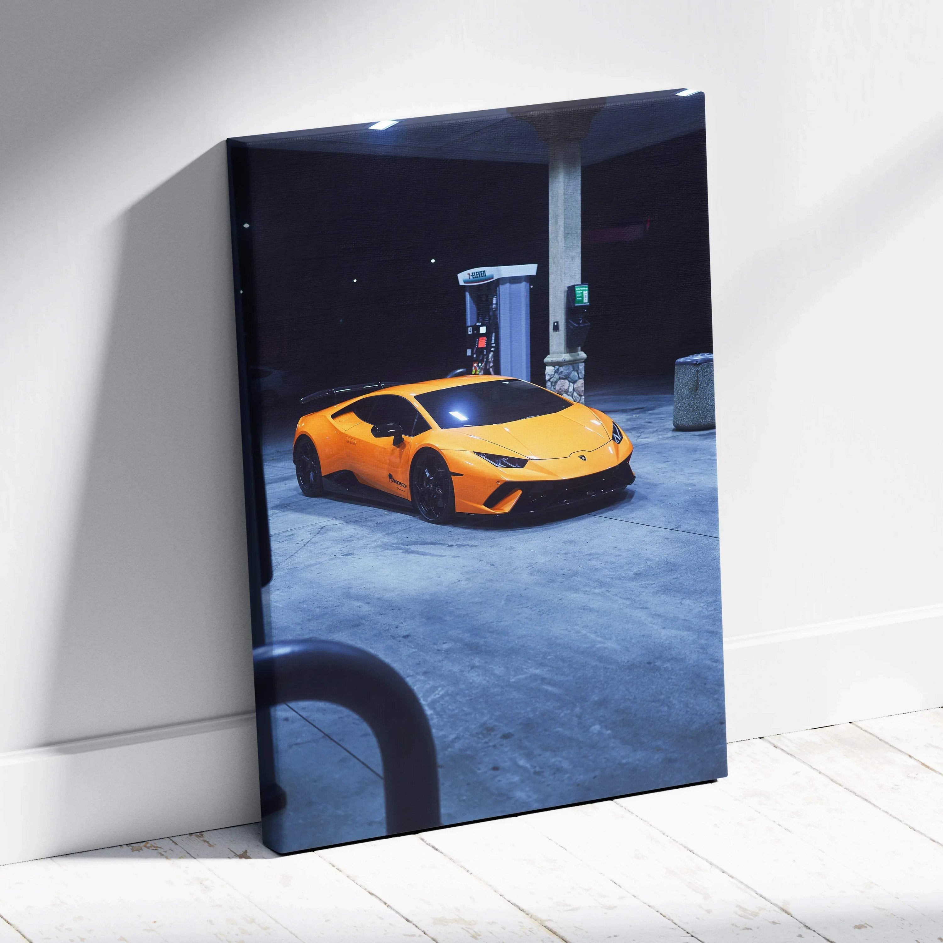 Vertical canvas art featuring a yellow Lamborghini Huracan parked at a nighttime gas station, modern wall art print.