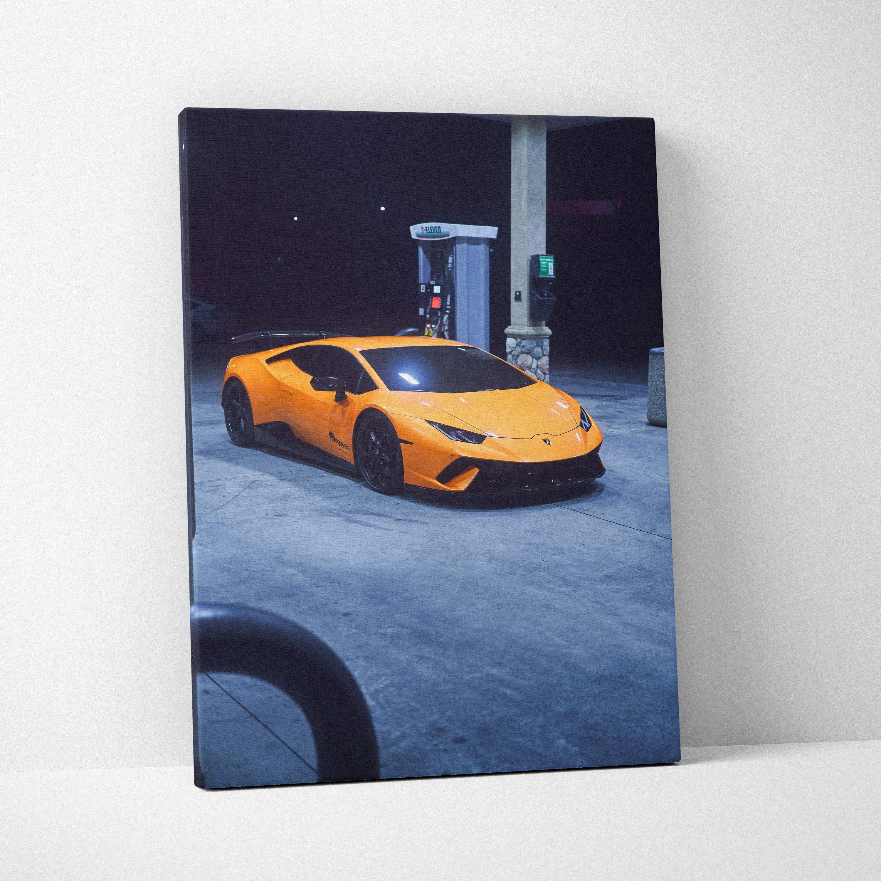 Lamborghini Huracan orange sports car on gas station canvas wall art print vertical canvas art.