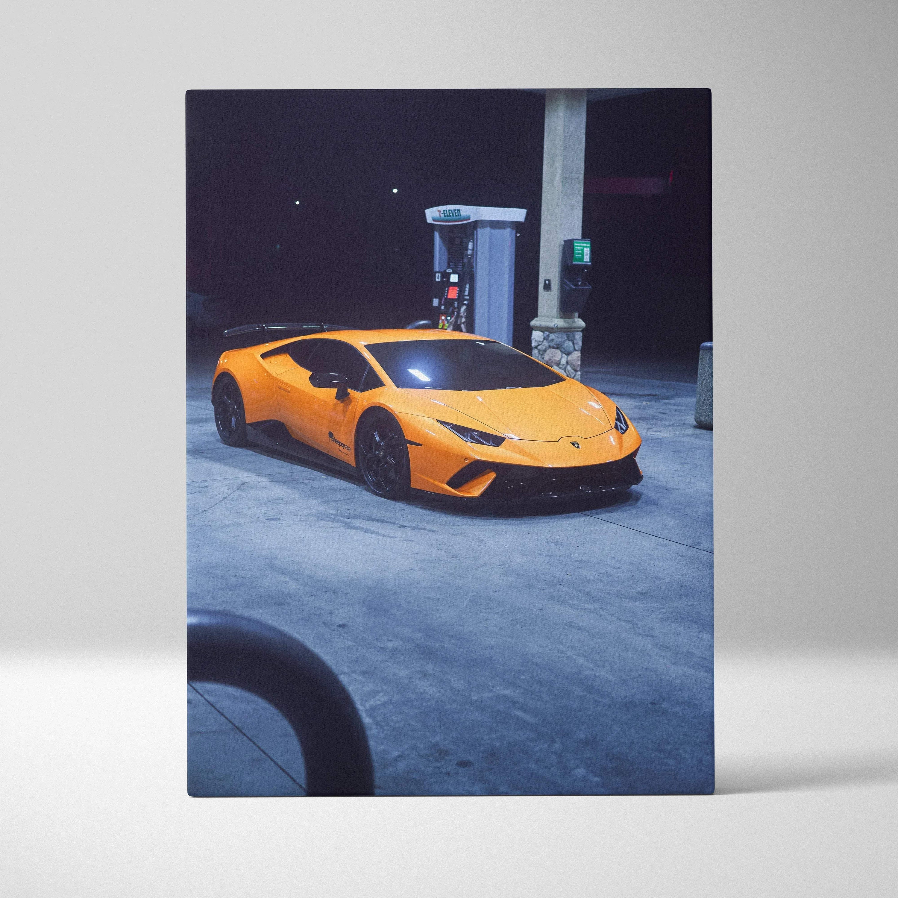 Lamborghini Huracan vibrant orange sports car at gas station canvas wall art print.