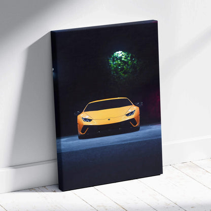 Yellow Lamborghini Huracan against dark background on vertical canvas wall art.
