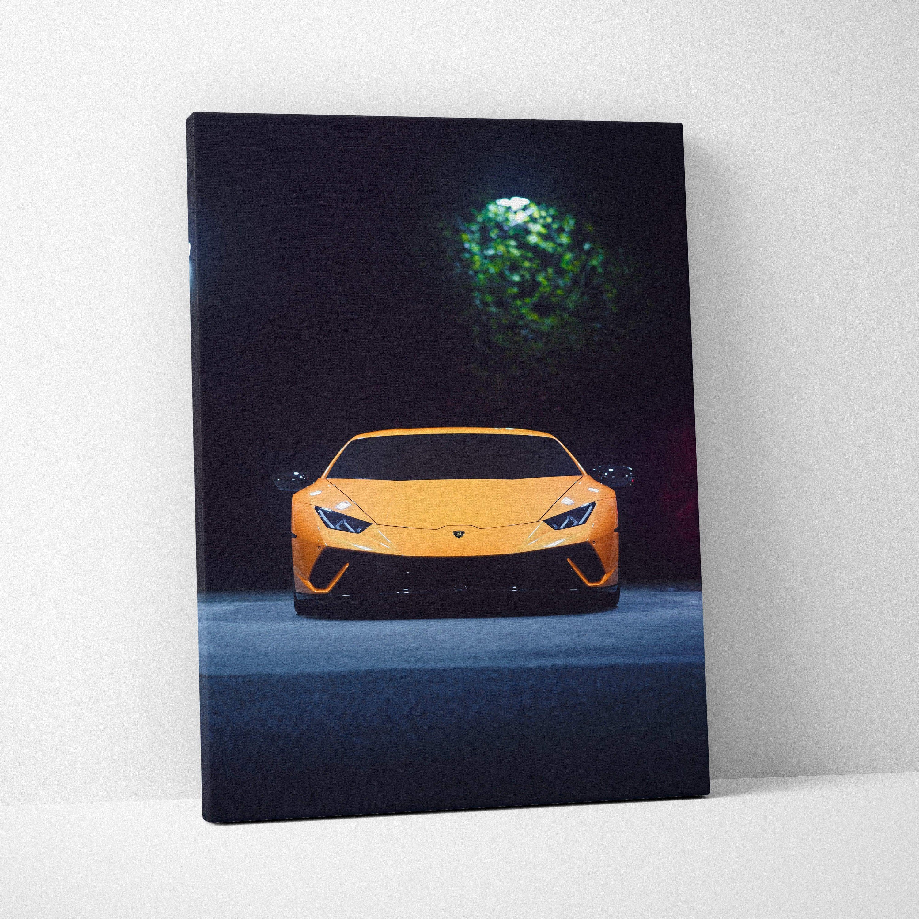 Yellow Lamborghini Huracan front view on dark background vertical canvas wall art.