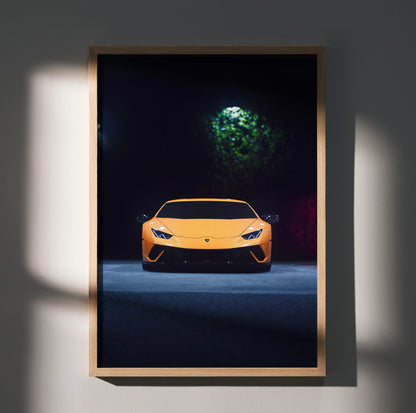 Lamborghini Huracan in yellow at night with glowing headlights poster wall art.