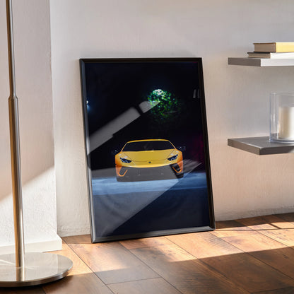 Framed yellow Lamborghini Huracan poster leaning against wall with shadow and spotlight effect, sleek automotive wall art.