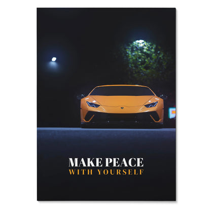 Lamborghini Huracan poster with night scene and motivational text "Make Peace With Yourself" wall art.