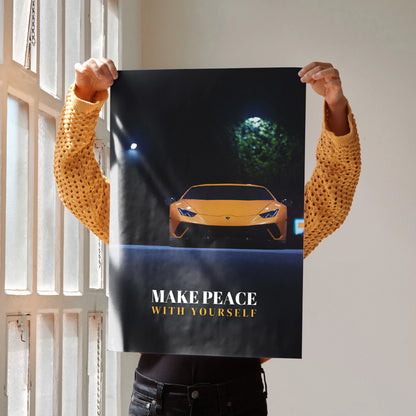 Motivational poster featuring yellow Lamborghini Huracan front view with "Make Peace with Yourself" text wall art.