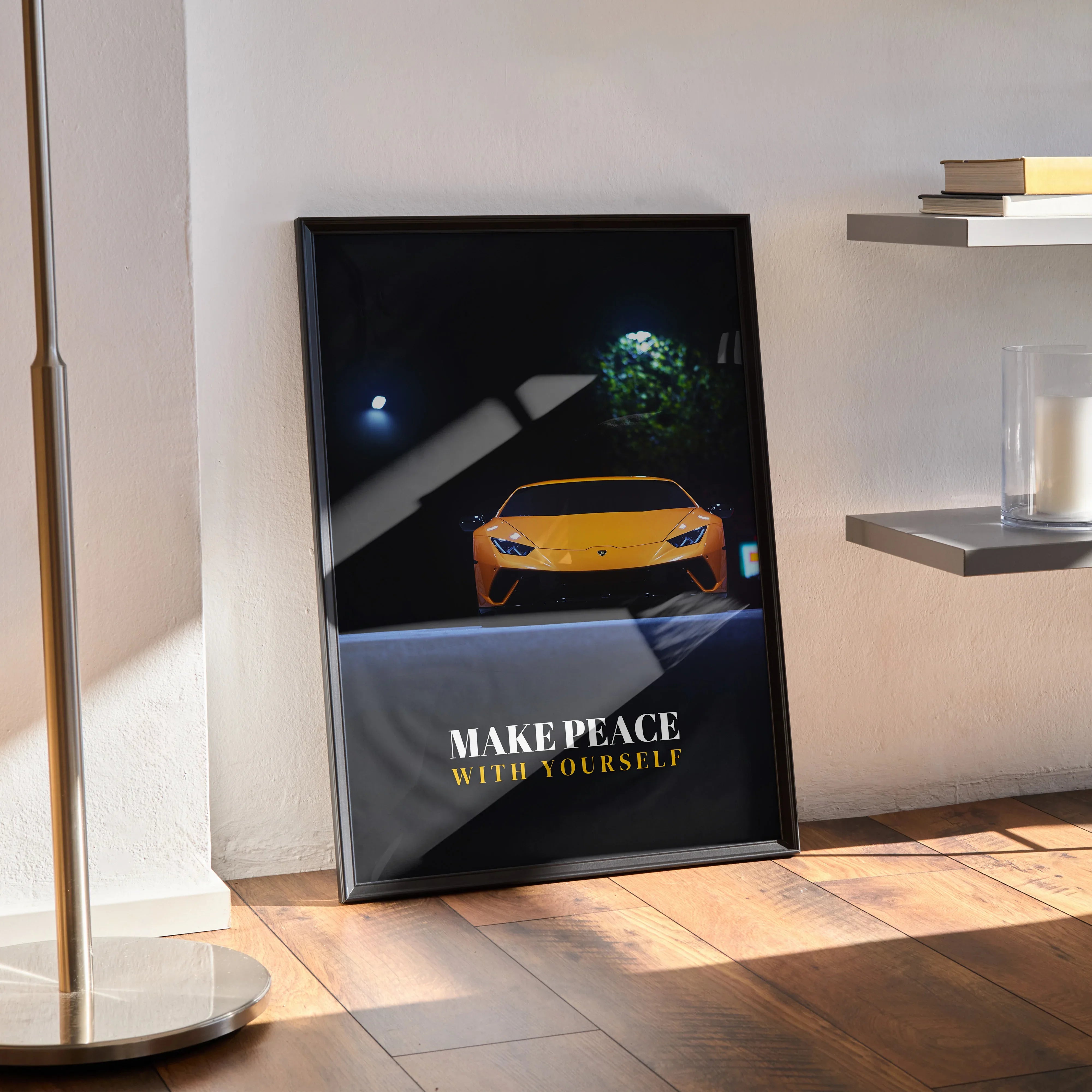Black framed motivational poster featuring a yellow Lamborghini Huracan and "Make Peace With Yourself" text wall art.