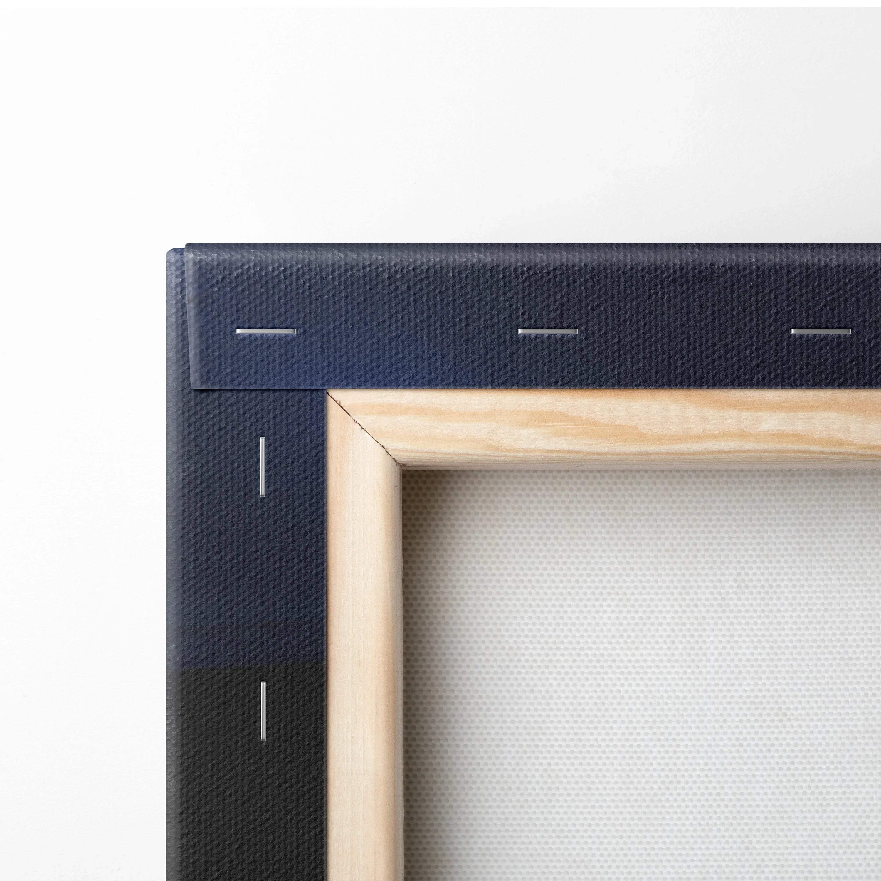 Close-up of corner showing wooden frame and black canvas backing with staples, canvas wall art detail.