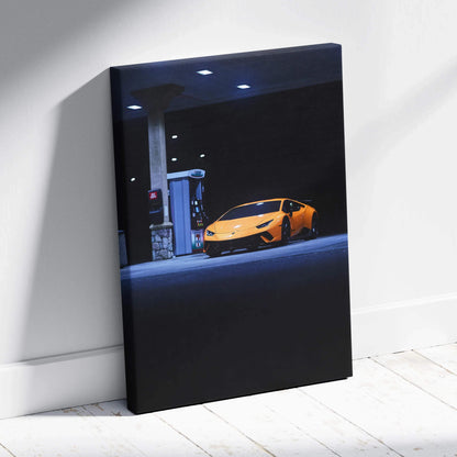 Lamborghini Huracan canvas art with vibrant orange car at night, modern wall art print.