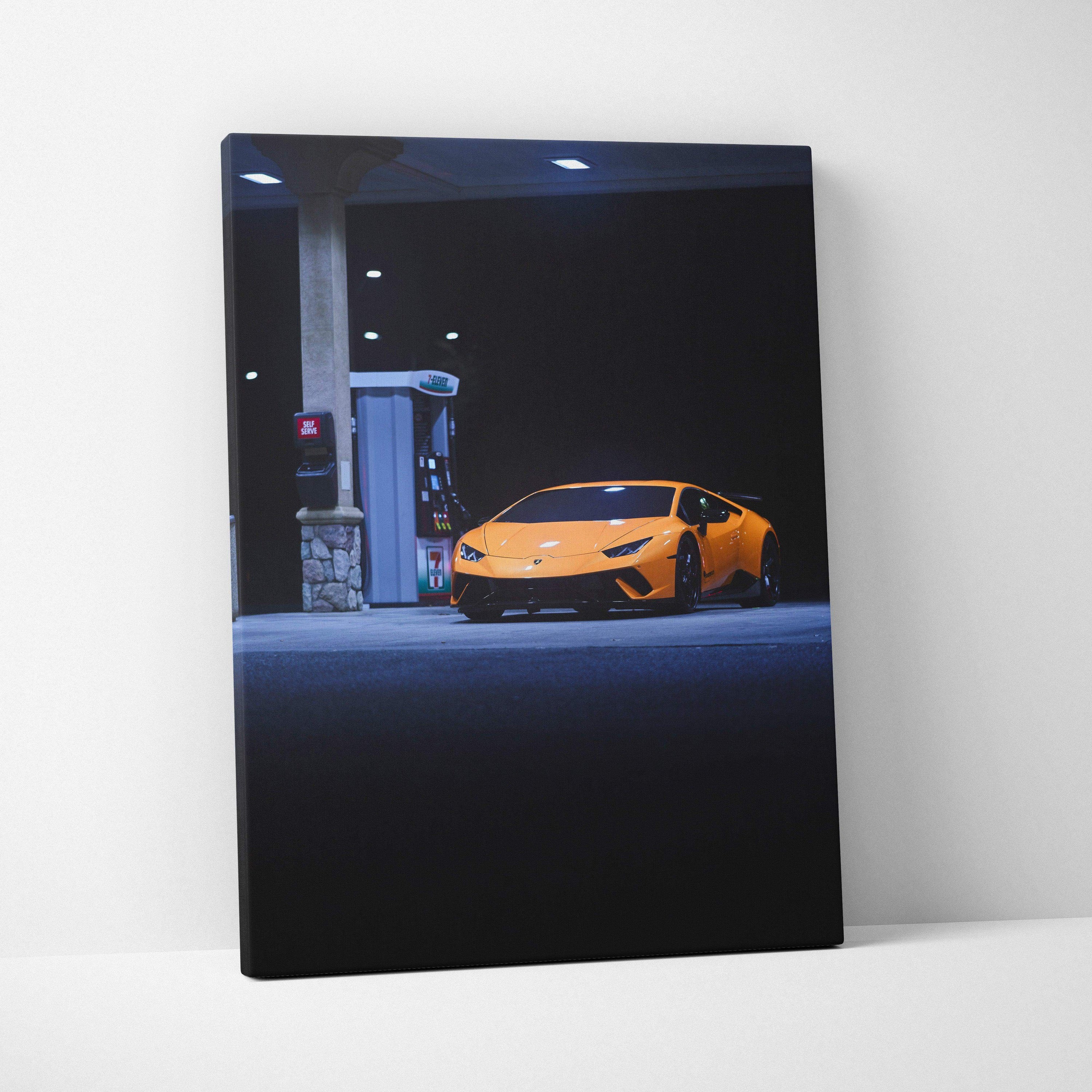 Lamborghini Huracan at gas station night scene vertical canvas wall art print.