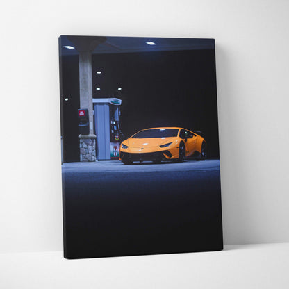 Lamborghini Huracan at gas station night scene vertical canvas wall art print.