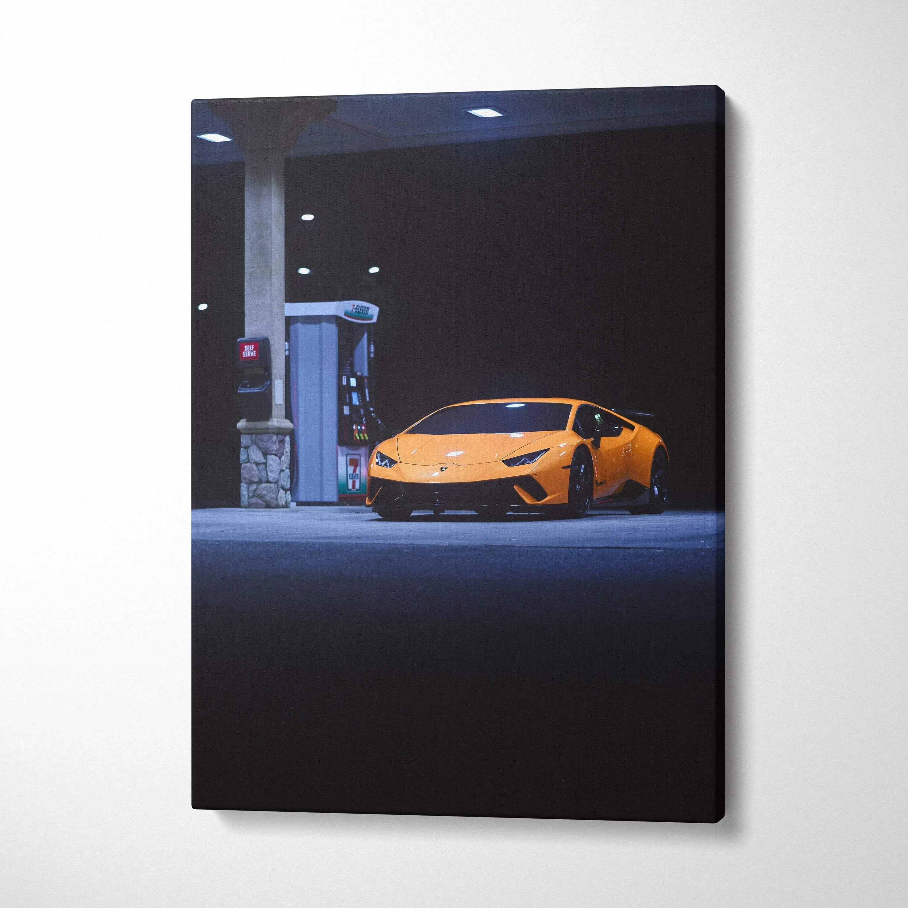 Lamborghini Huracan at gas station canvas art in vertical museum-quality wall art style.
