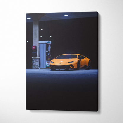 Lamborghini Huracan at gas station canvas art in vertical museum-quality wall art style.