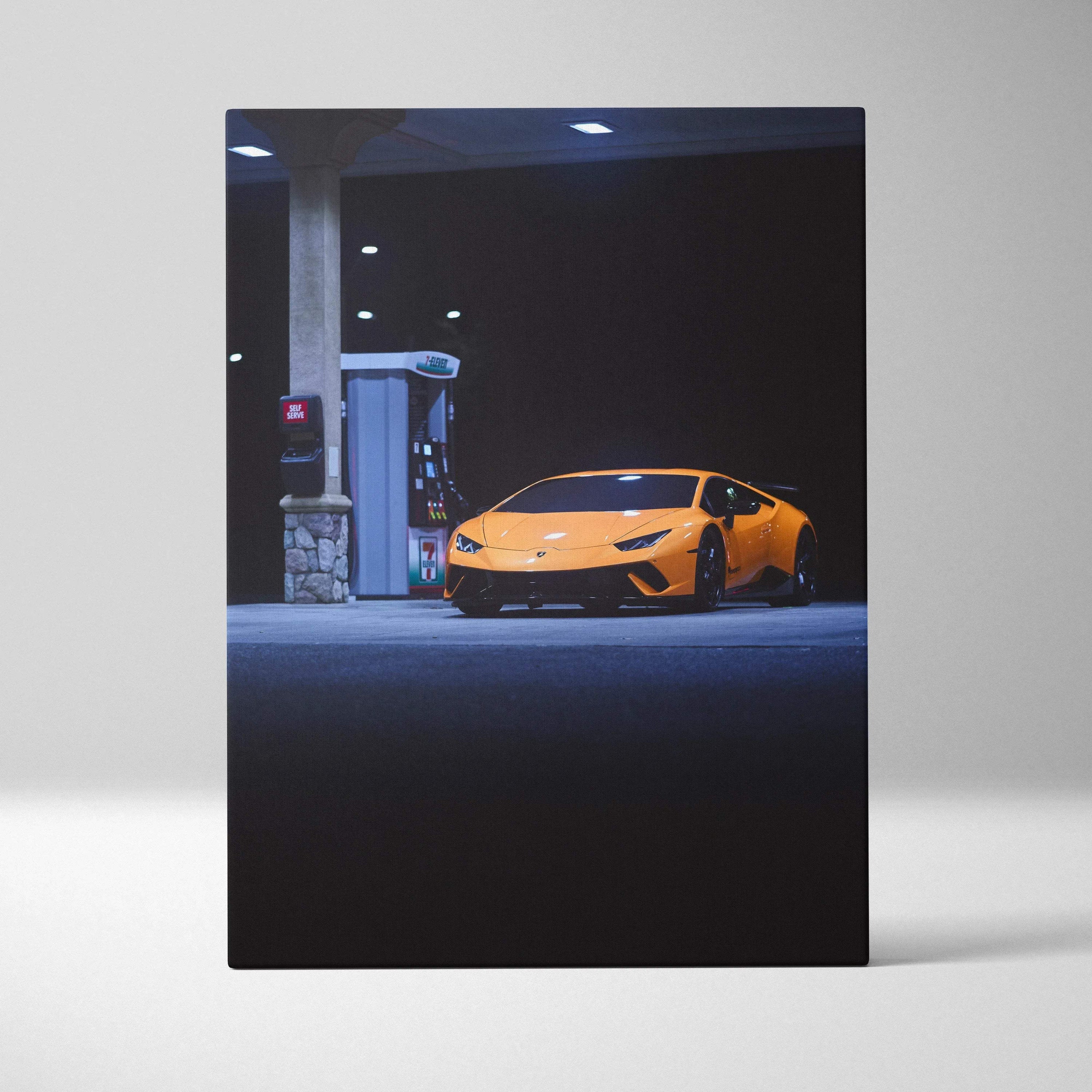 Lamborghini Huracan at gas station at night canvas wall art in vertical format.