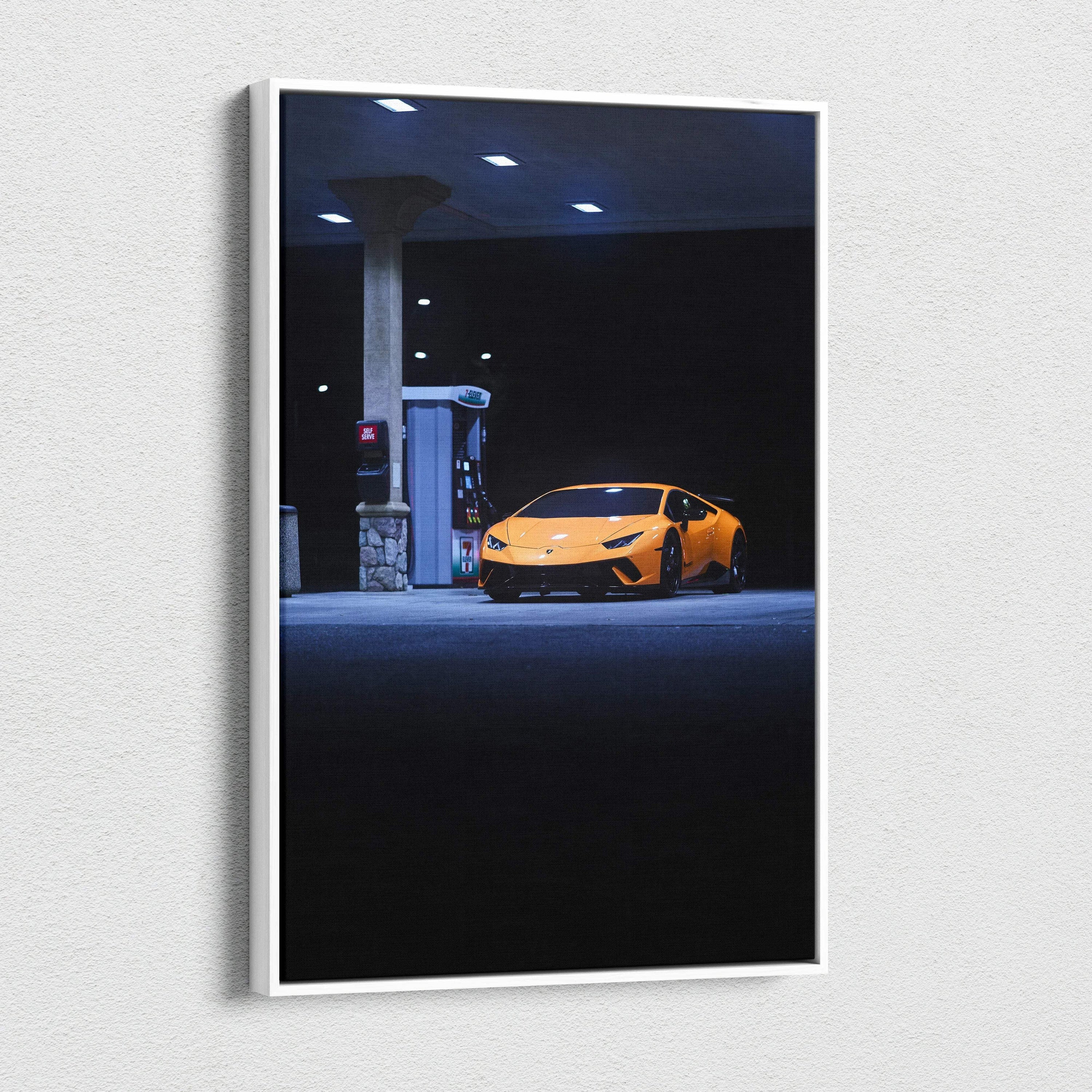 Lamborghini Huracan yellow sports car at gas station night canvas wall art.