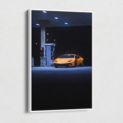 Lamborghini Huracan yellow sports car at gas station night canvas wall art.