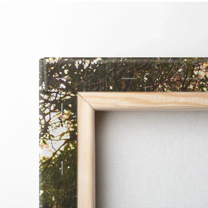 Close-up of wooden frame corner on high-resolution BMW E46 M3 vertical canvas wall art with sunset colors.
