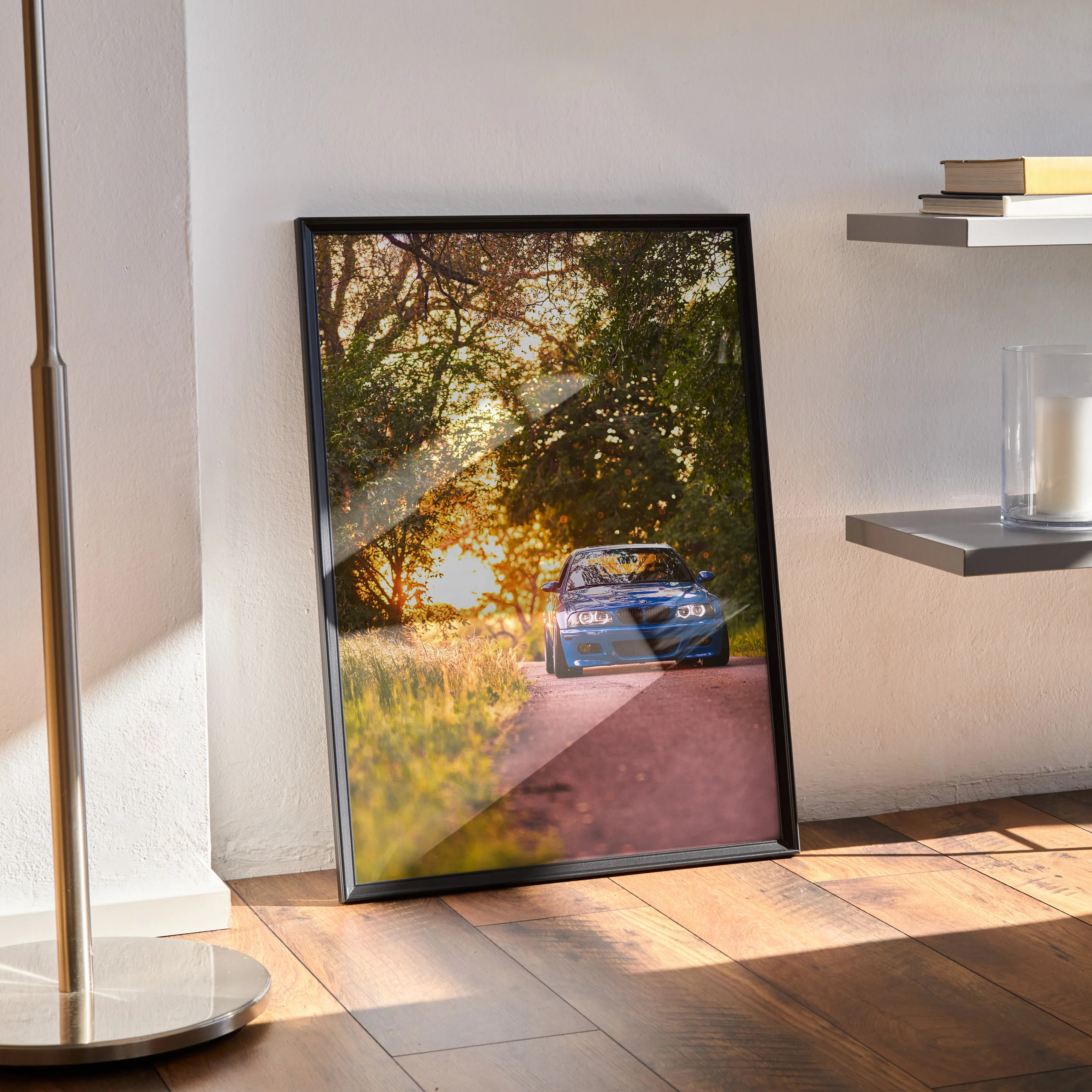 BMW E46 M3 poster featuring a sunset scene with car on a forest road, premium wall art print.