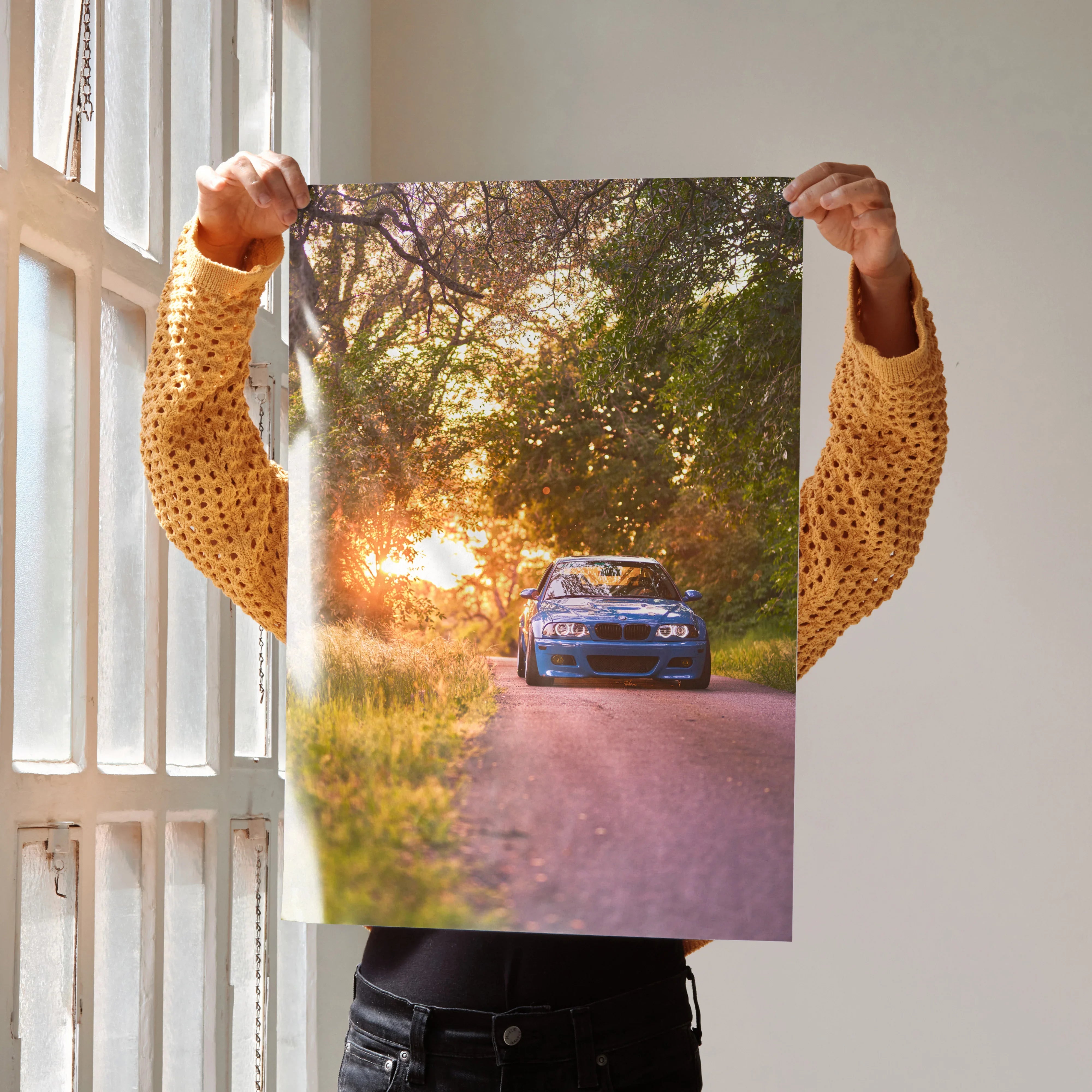 BMW E46 M3 on sunset road poster wall art with vibrant natural lighting and detailed car features.