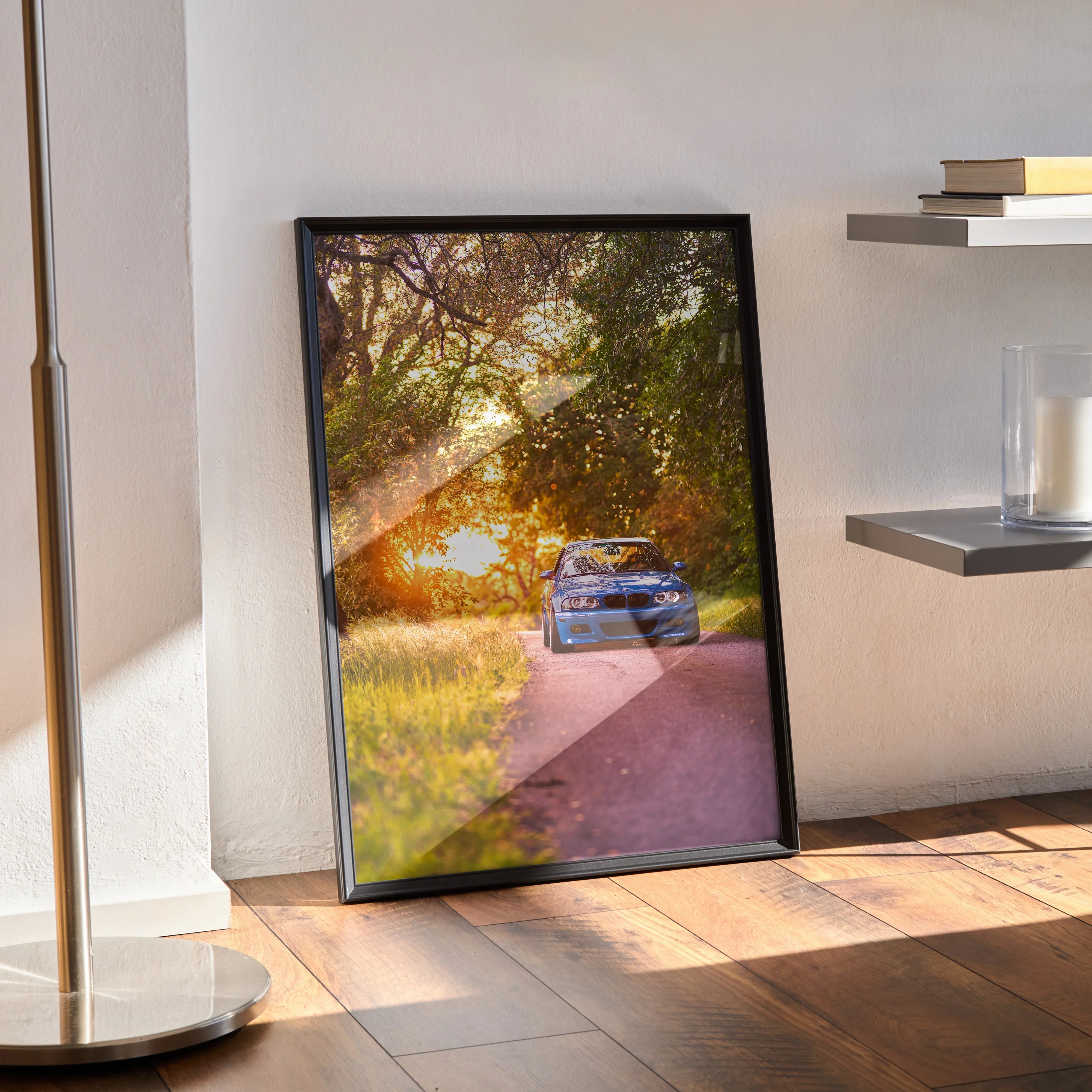 BMW E46 M3 at sunset poster wall art with detailed car and warm outdoor scene.