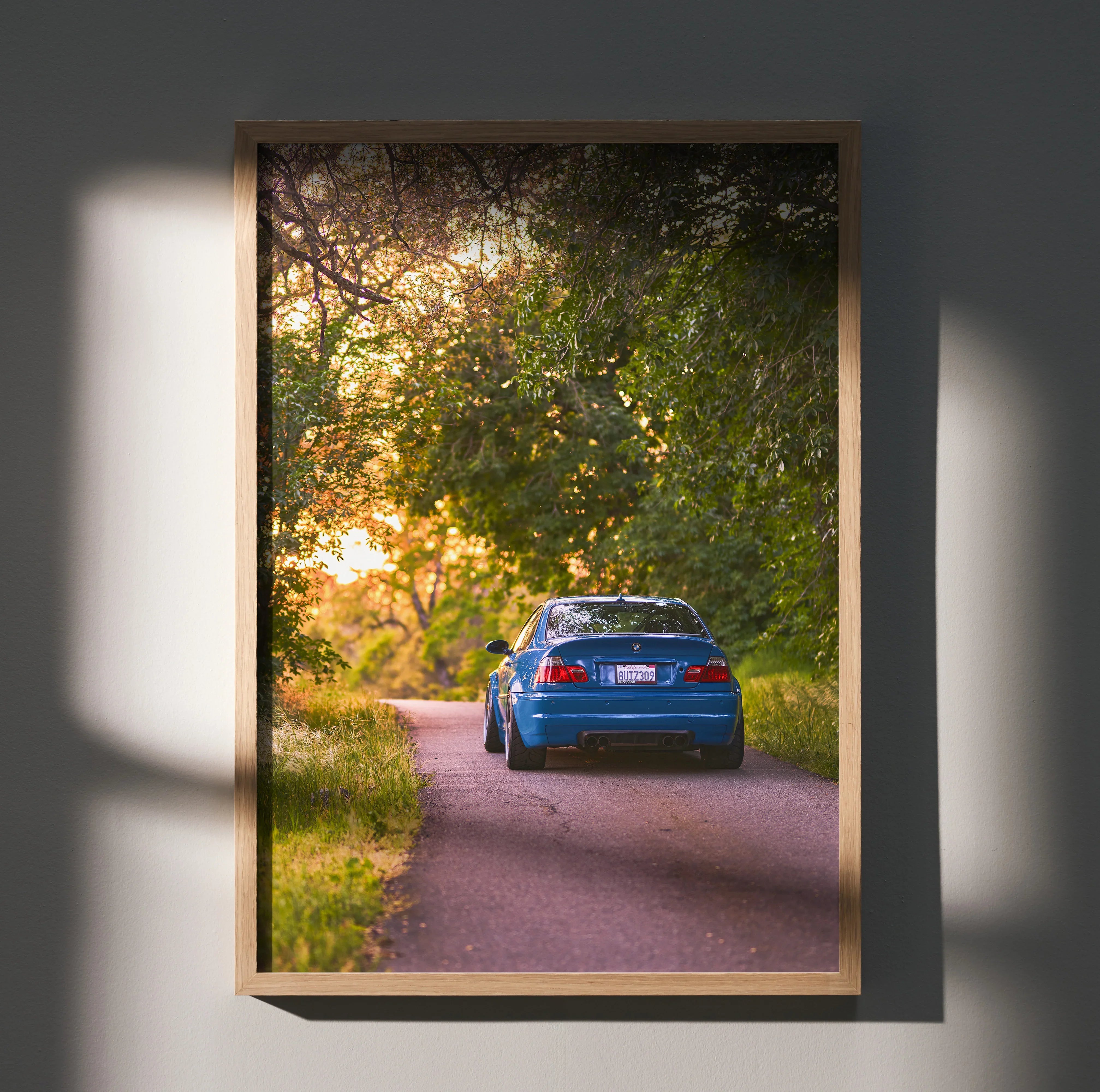BMW E46 M3 driving on a scenic tree-lined road at sunset poster wall art.