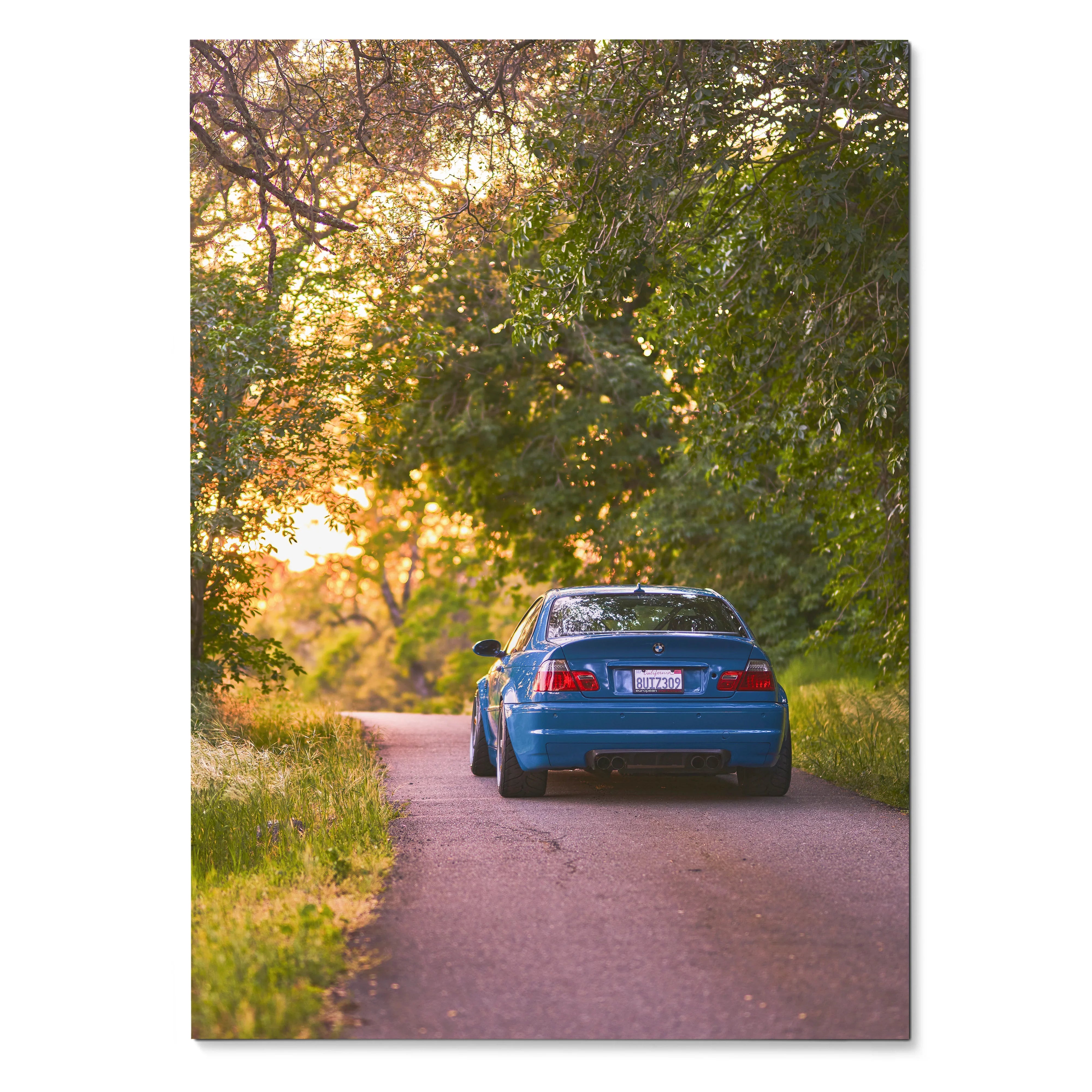 BMW E46 M3 blue car driving on tree-lined road wall art poster.