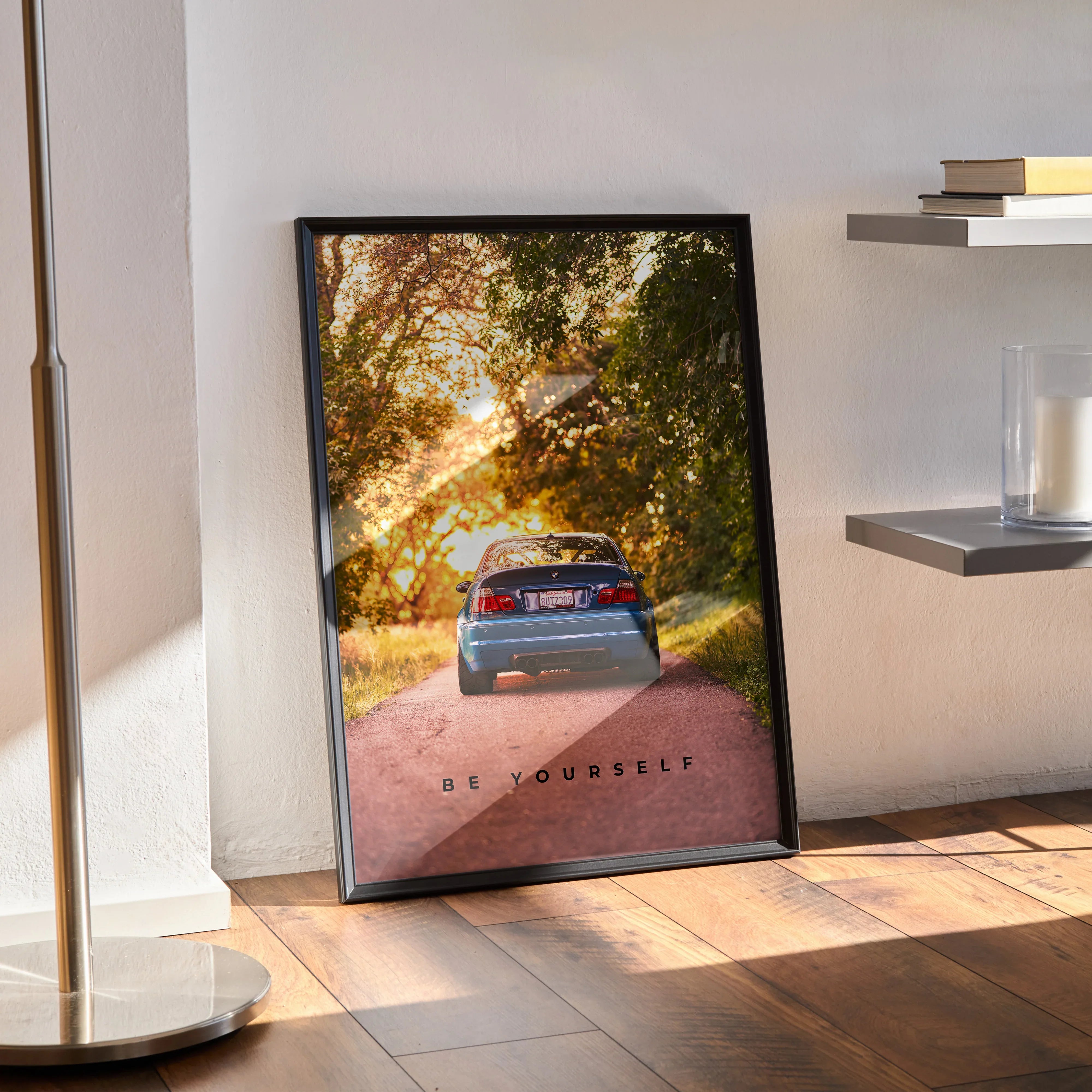 BMW E46 M3 motivational poster wall art featuring car on scenic road with inspiring text.