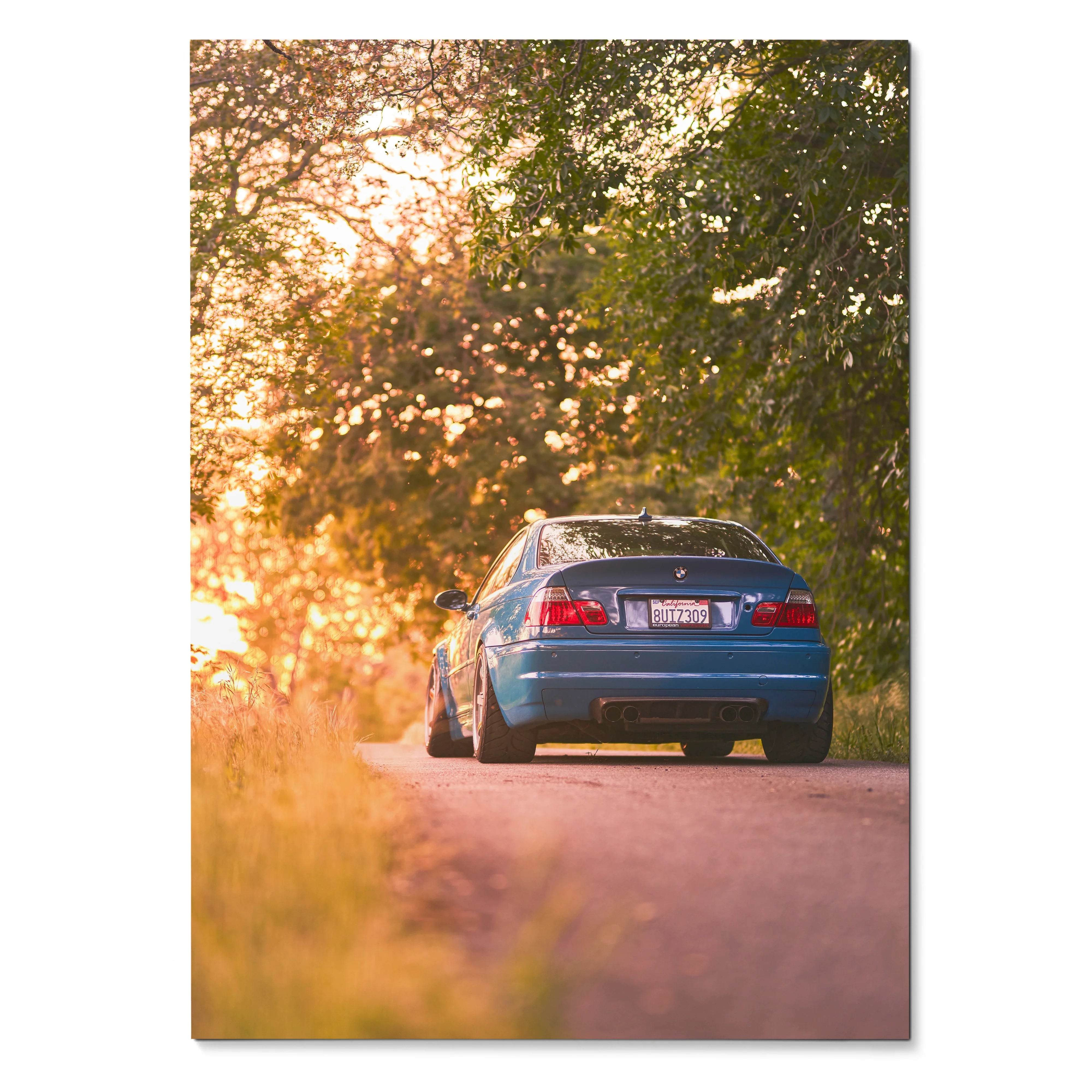 BMW E46 M3 poster showing rear view of blue car on sunset-lit road with trees, wall art decor.