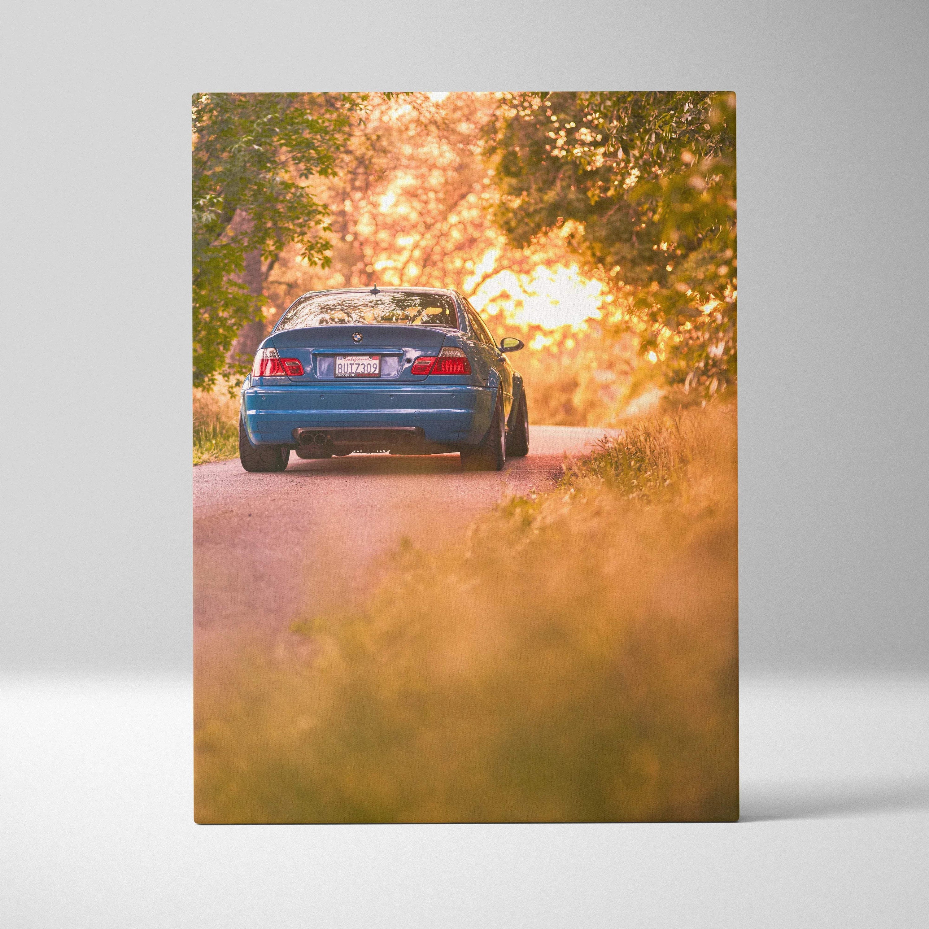 BMW E46 M3 on sunset road canvas wall art with warm autumn light and foliage.