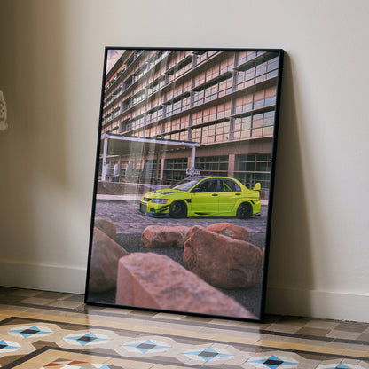 Mitsubishi Evo 9 neon green car poster leaning against wall, urban architecture background wall art.