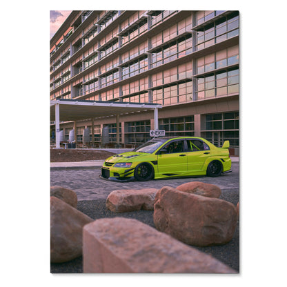 Mitsubishi Evo 9 bright green parked by building urban setting wall art poster.