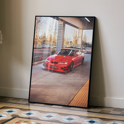 Nissan 240sx S14 Kouki red car parked on a modern street poster wall art with black frame.