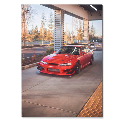 Red Nissan 240sx S14 Kouki car parked under modern structure in high-resolution poster wall art.