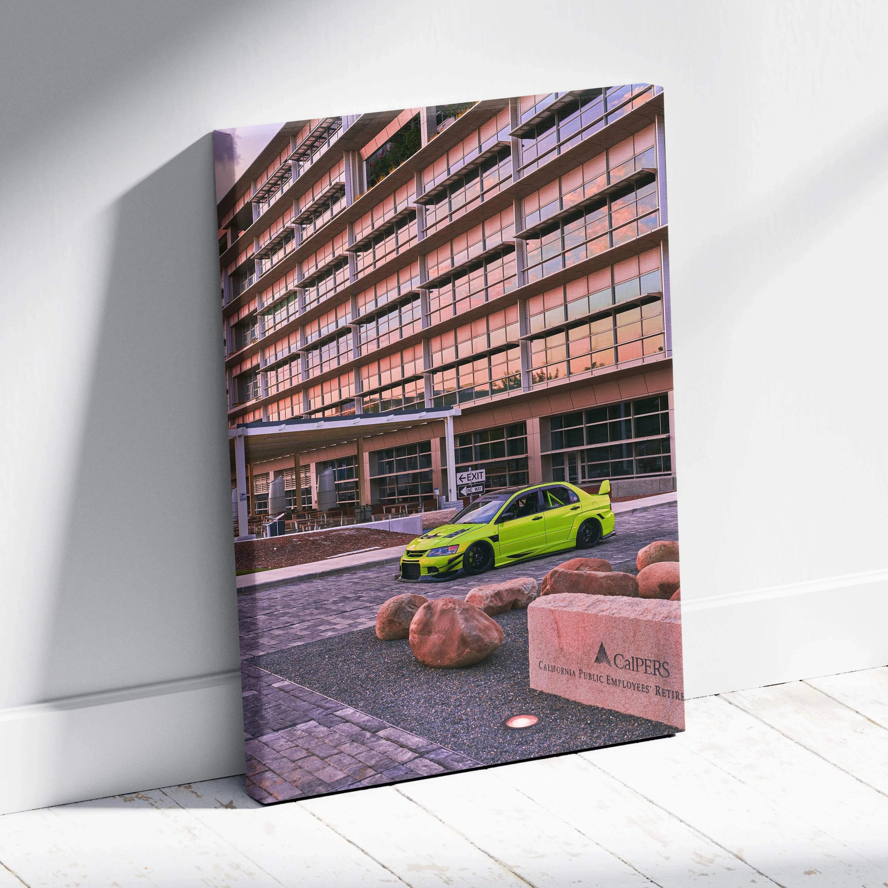 Mitsubishi Evo 9 in bright green parked in front of modern building canvas wall art vertical canvas art.