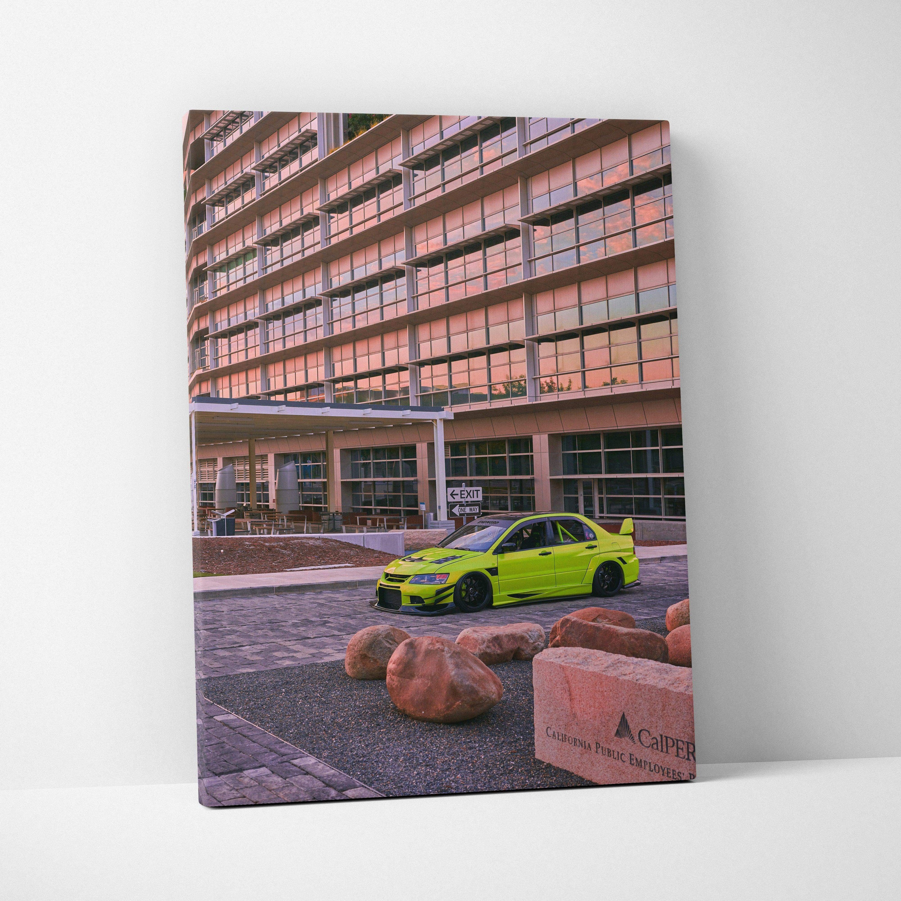 Mitsubishi Evo 9 bright green sports car in urban setting vertical canvas wall art.